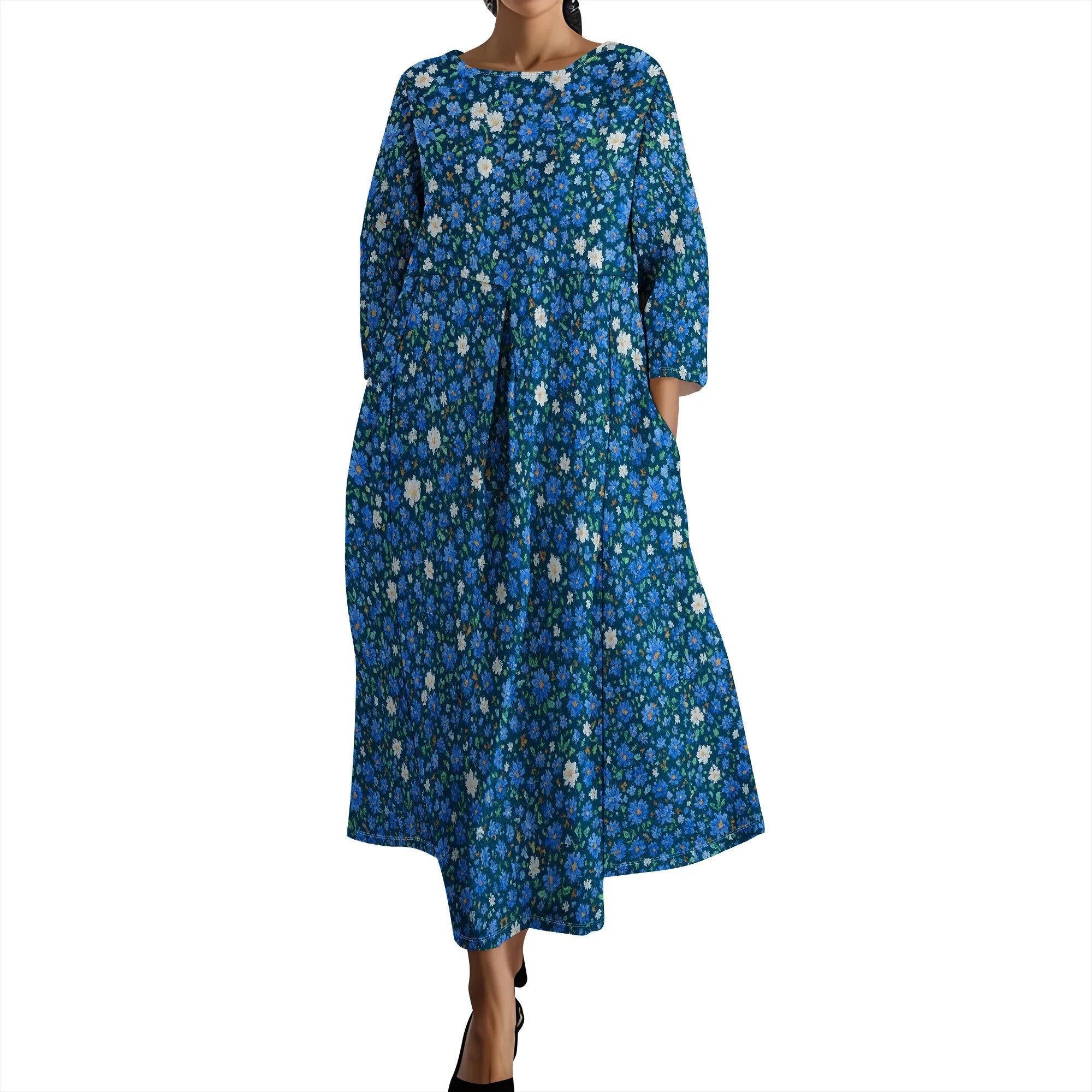 Linen Maxi Dress for Women Vintage Floral Print Plus Size Summer Casual 3/4 Sleeve Dresses with Pockets