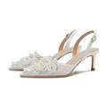 2025 Luxury Designer String Bead White Wedding Shoes Bridesmaid Sandals Women's Fashion Lace Slingbacks High Heels Pearl Pumps