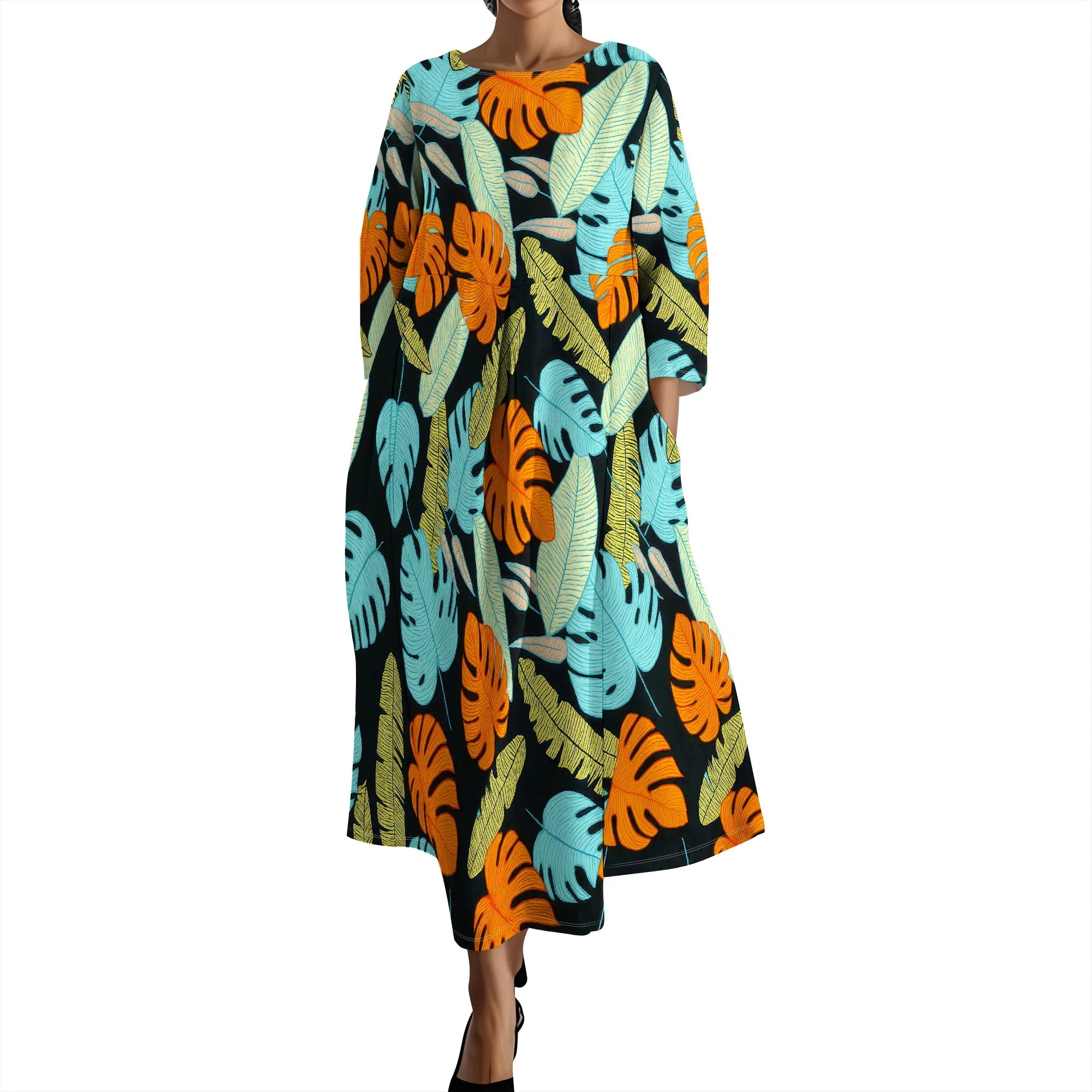 Linen Maxi Dress for Women Vintage Floral Print Plus Size Summer Casual 3/4 Sleeve Dresses with Pockets