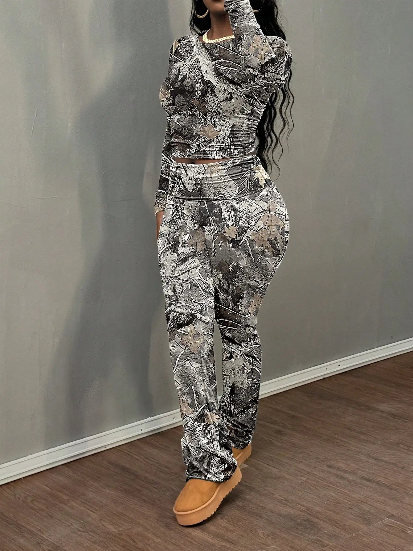 Women Clean Girl Round Neck Long Sleeve T-Shirt & Pants Casual Set, Spring