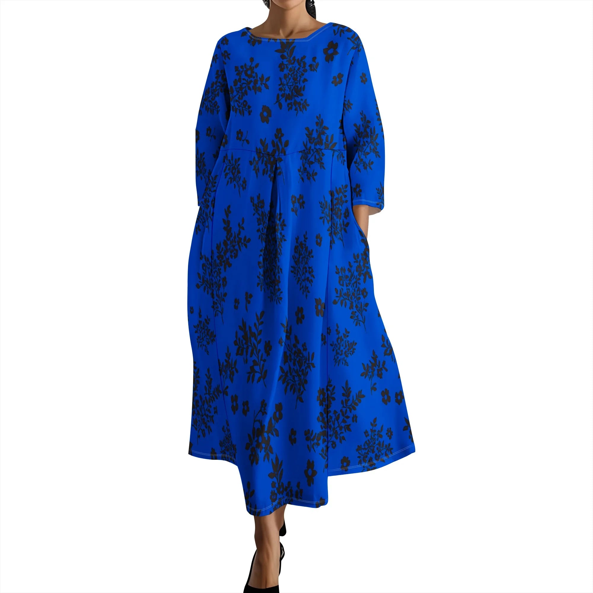 Linen Maxi Dress for Women Vintage Floral Print Plus Size Summer Casual 3/4 Sleeve Dresses with Pockets