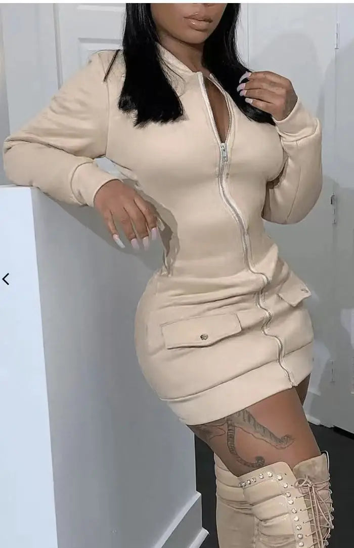 Fashion Long Sleeve Zipper Black Mini Dress Women 2026 Autumn Winter Sexy Bodycon Dresses For Women Robe Femme