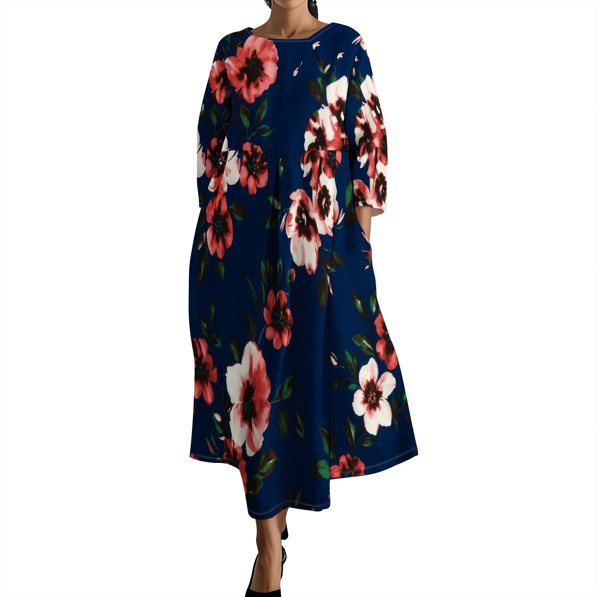 Linen Maxi Dress for Women Vintage Floral Print Plus Size Summer Casual 3/4 Sleeve Dresses with Pockets