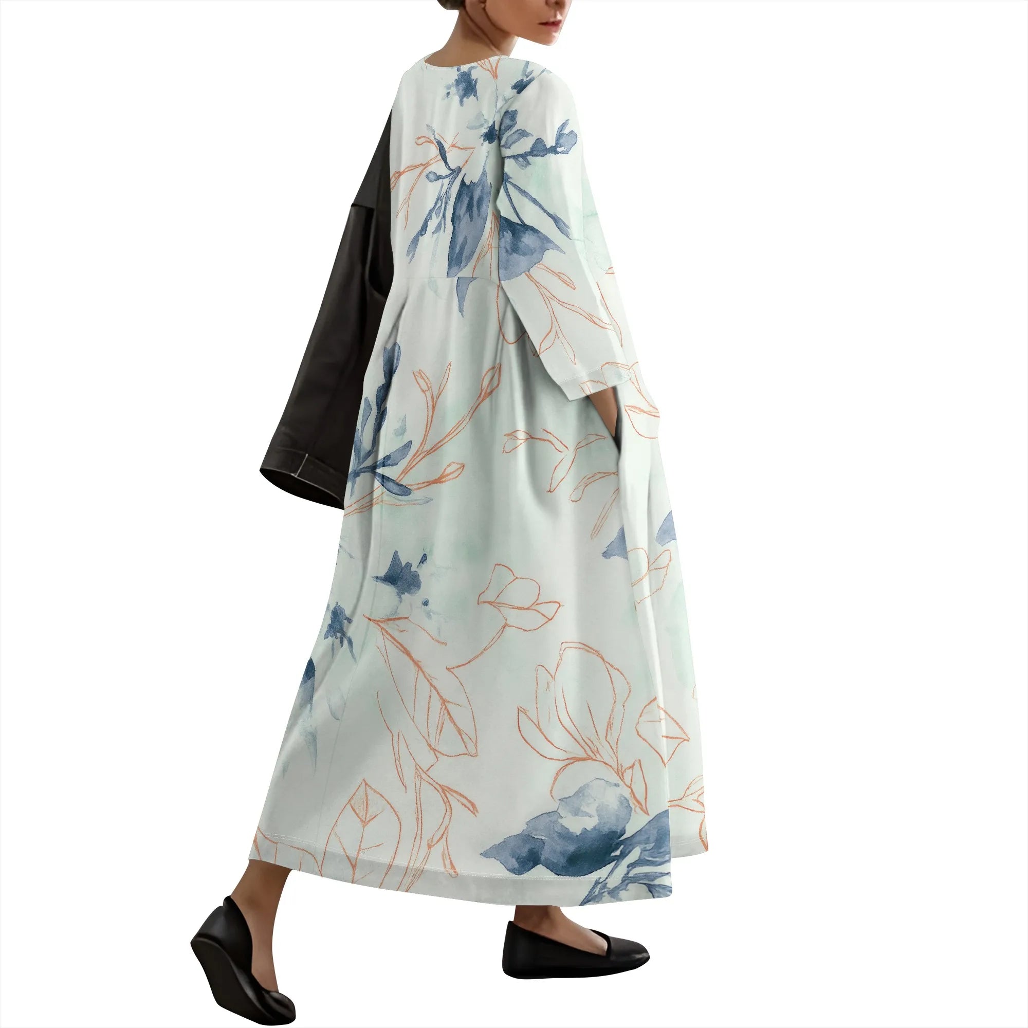 Linen Maxi Dress for Women Vintage Floral Print Plus Size Summer Casual 3/4 Sleeve Dresses with Pockets