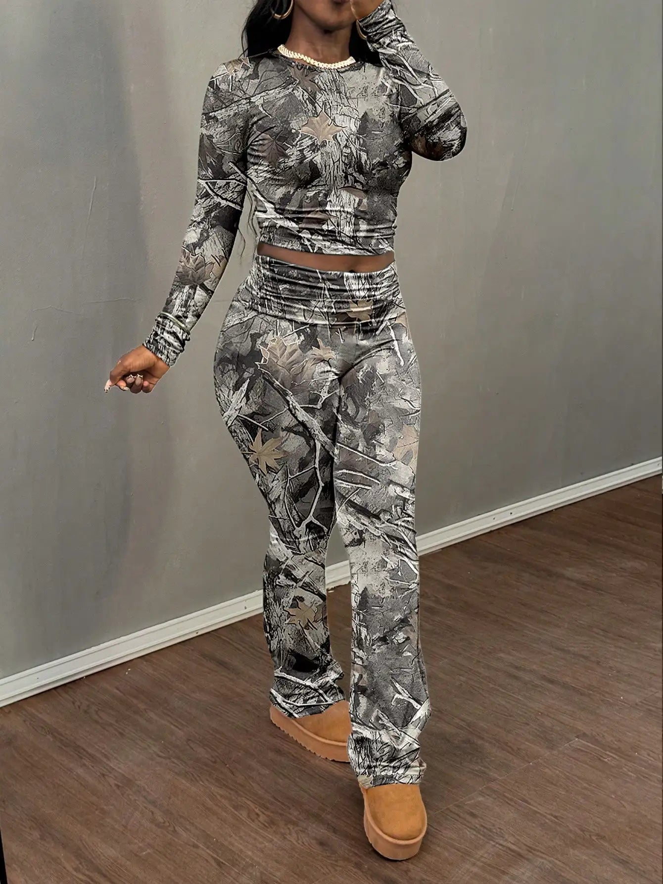 Women Clean Girl Round Neck Long Sleeve T-Shirt & Pants Casual Set, Spring