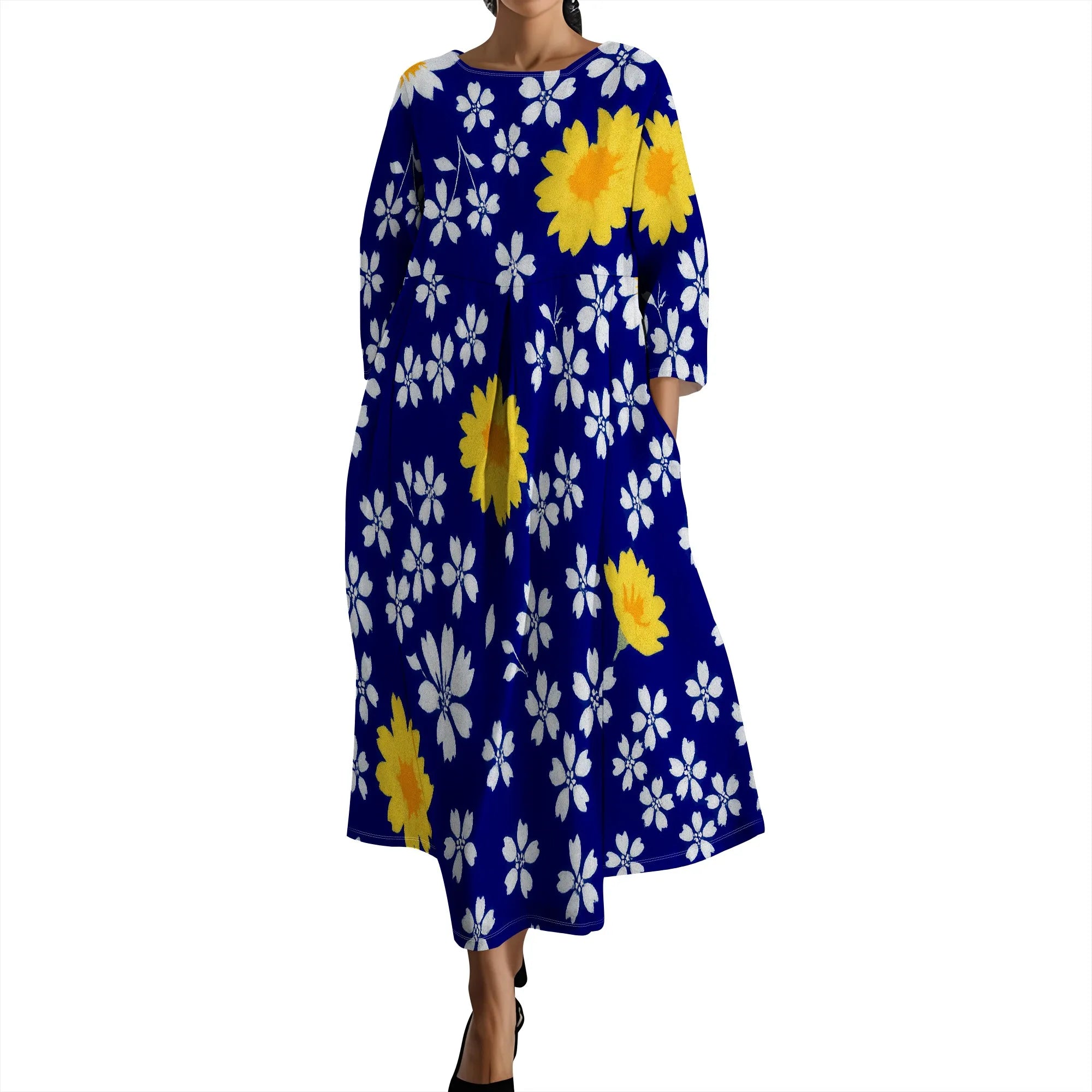 Linen Maxi Dress for Women Vintage Floral Print Plus Size Summer Casual 3/4 Sleeve Dresses with Pockets