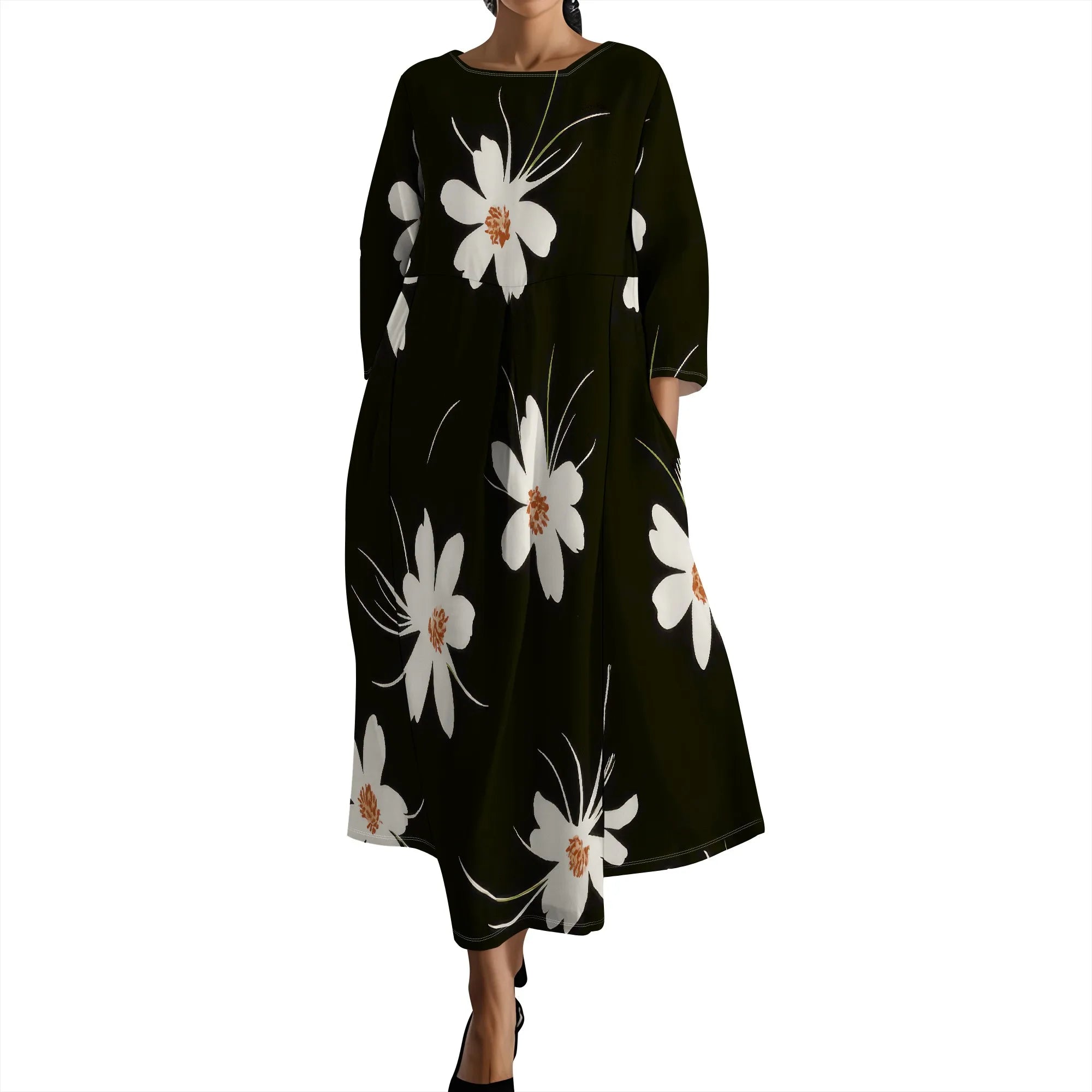 Linen Maxi Dress for Women Vintage Floral Print Plus Size Summer Casual 3/4 Sleeve Dresses with Pockets