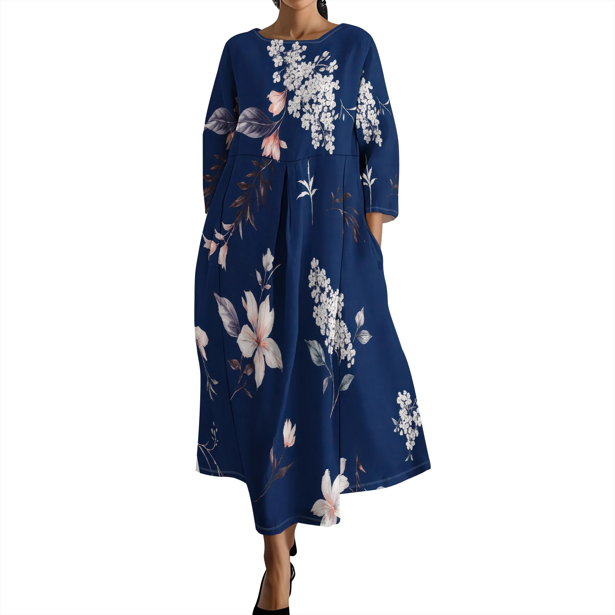 Linen Maxi Dress for Women Vintage Floral Print Plus Size Summer Casual 3/4 Sleeve Dresses with Pockets