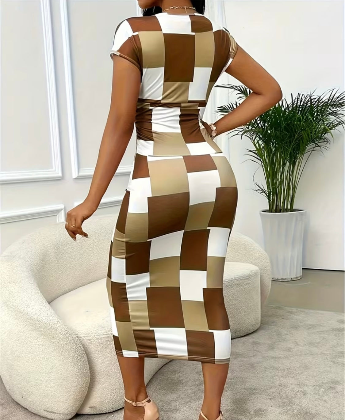 Robe Femme Élégante à Col en V et Manches Courtes - Robe Courte à Carreaux pour Printemps Été Automne, Blouse Lavable en Machine - Tenue Décontractée à Semi-Formelle