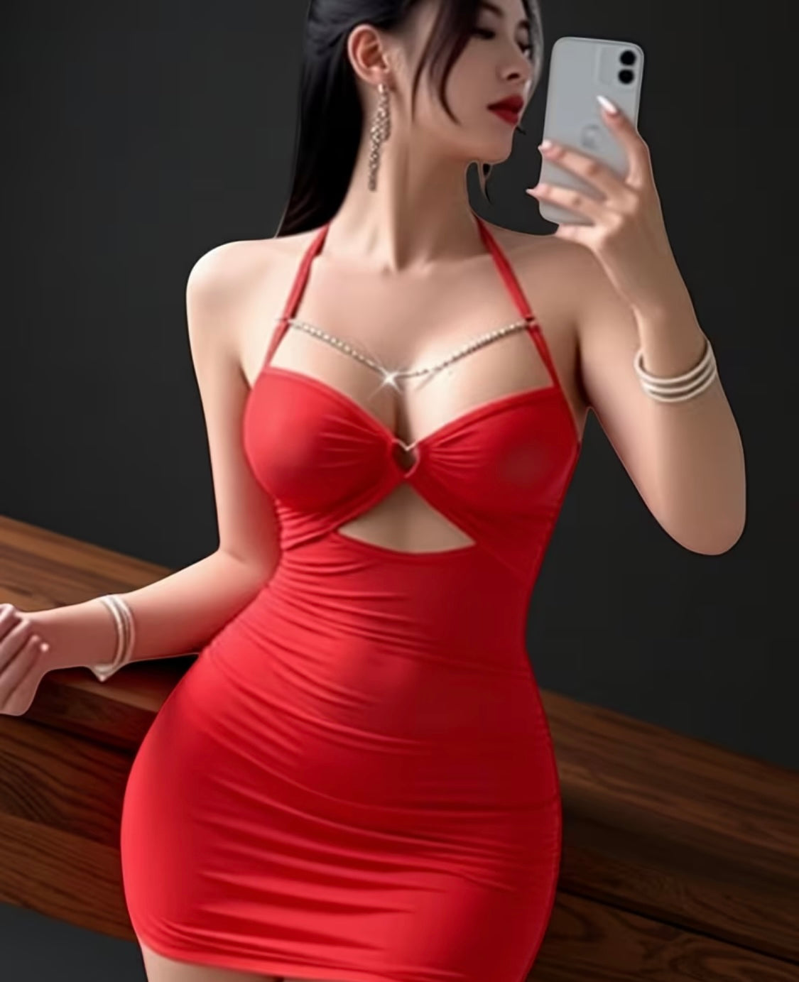 Ensemble de lingerie sexy deux pièces pour adulte : Babydoll en maille transparente avec chaînes corporelles et string | Tenue de nuit romantique, col licou, couleur unie, dos nu, ensemble de pyjama toutes saisons