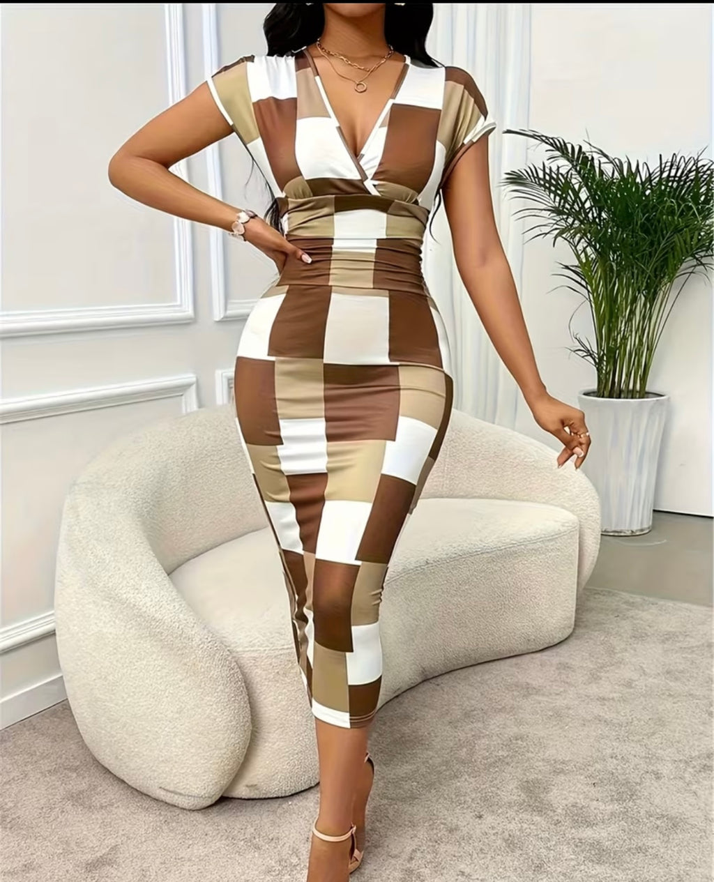 Robe Femme Élégante à Col en V et Manches Courtes - Robe Courte à Carreaux pour Printemps Été Automne, Blouse Lavable en Machine - Tenue Décontractée à Semi-Formelle