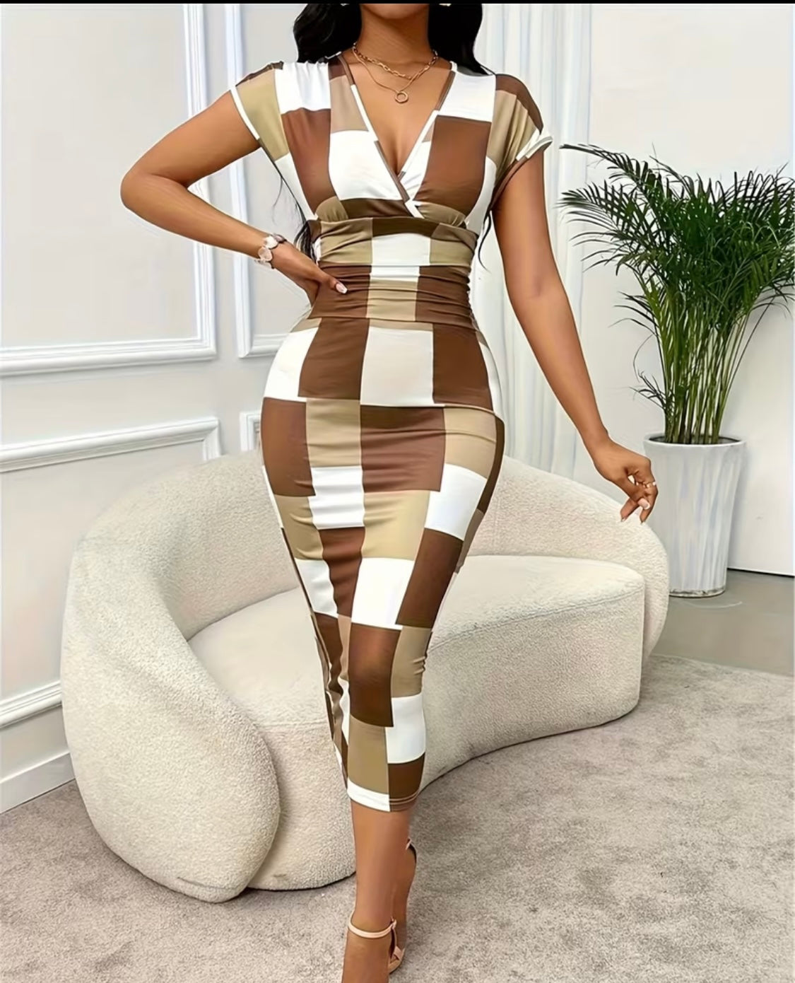 Robe Femme Élégante à Col en V et Manches Courtes - Robe Courte à Carreaux pour Printemps Été Automne, Blouse Lavable en Machine - Tenue Décontractée à Semi-Formelle