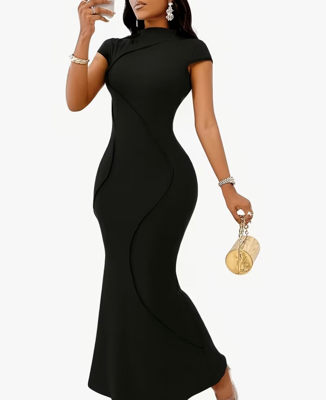 Robe élégante femme à col montant, manches courtes et jupe longue en queue de poisson pour soirée cocktail ou danse, robe décontractée et chic d'été