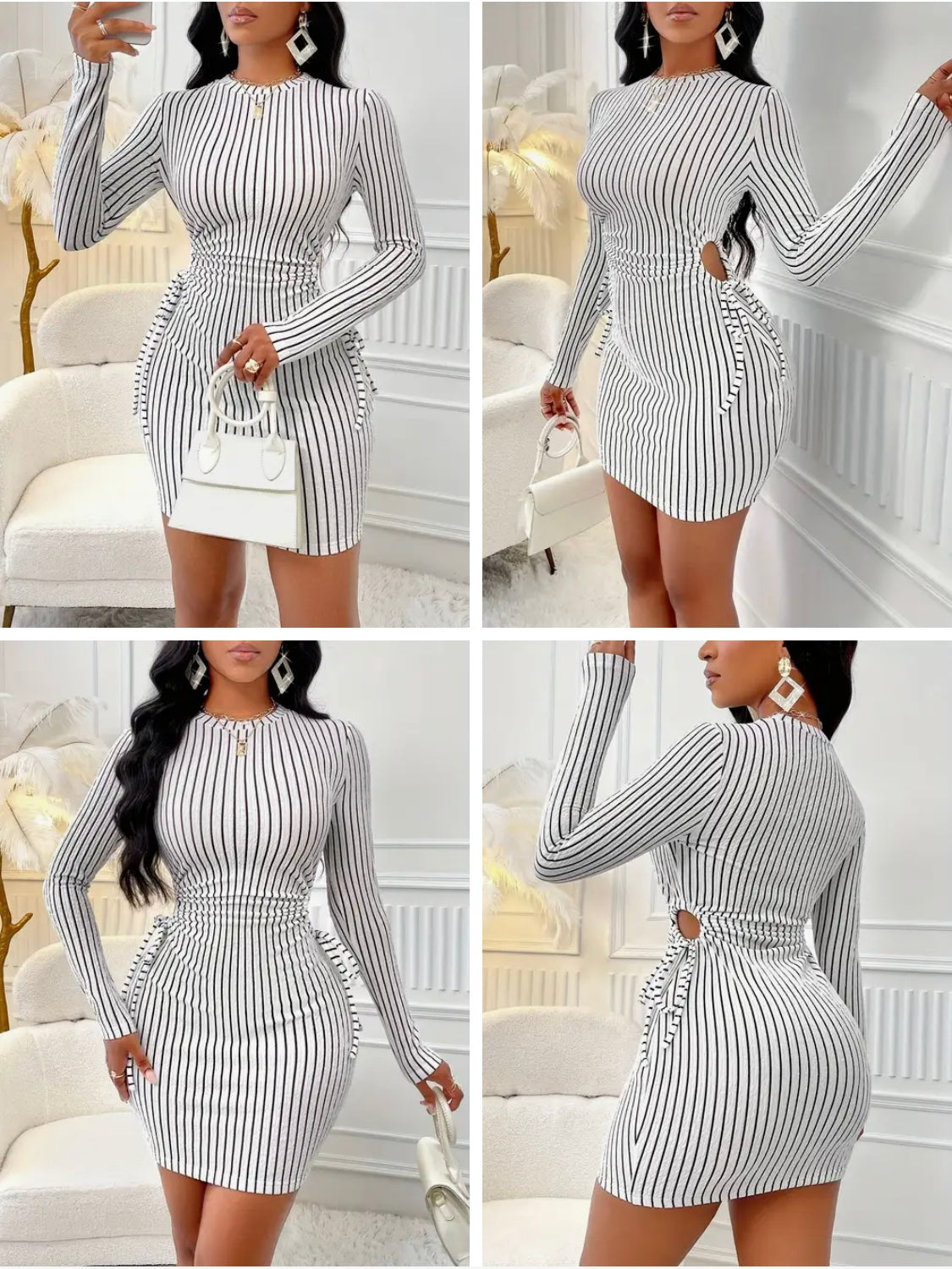 Robe moulante femme élégante à manches longues, imprimé rayé, 100% polyester tricoté, col rond avec cordon de serrage, style chic toutes saisons