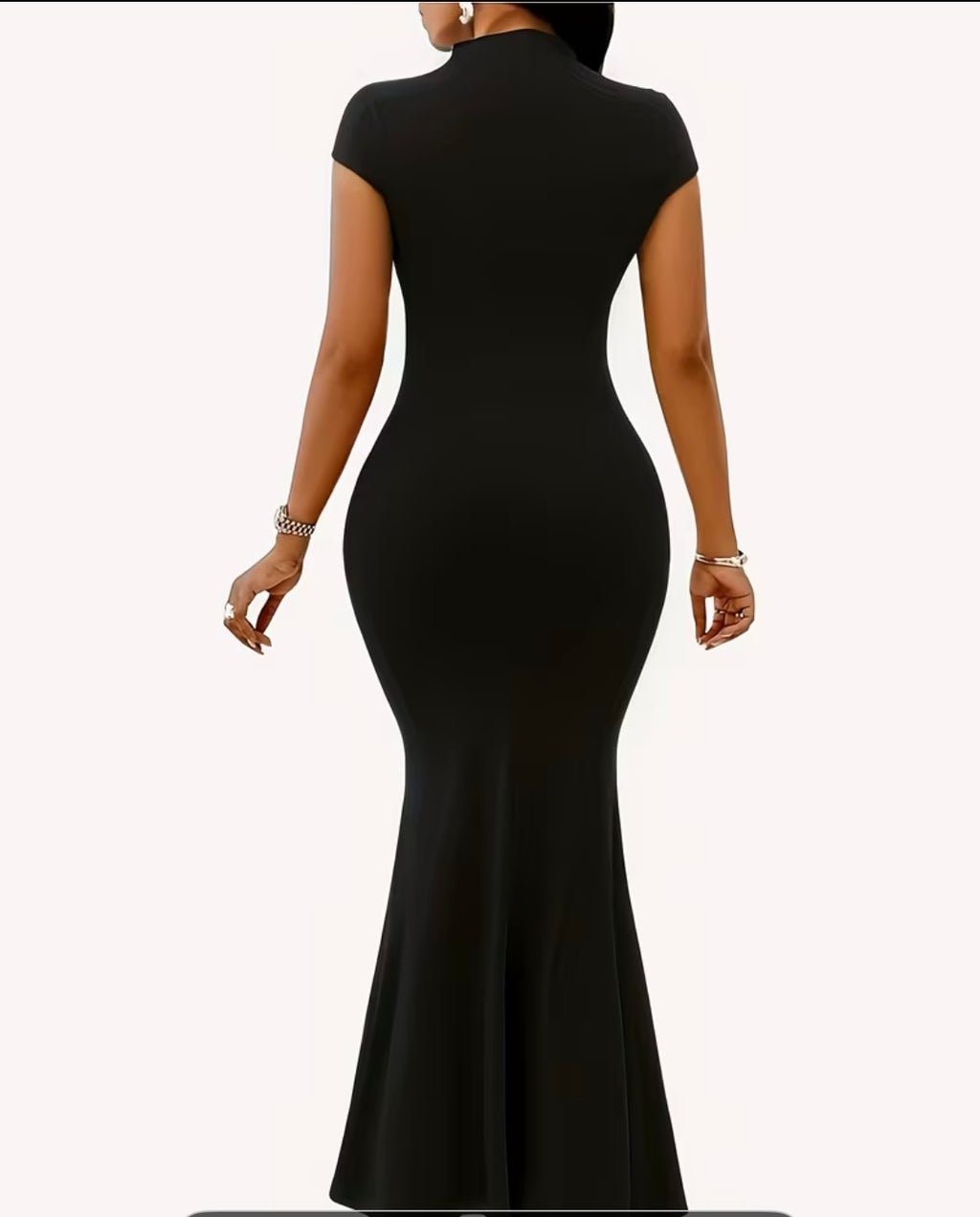 Robe élégante femme à col montant, manches courtes et jupe longue en queue de poisson pour soirée cocktail ou danse, robe décontractée et chic d'été