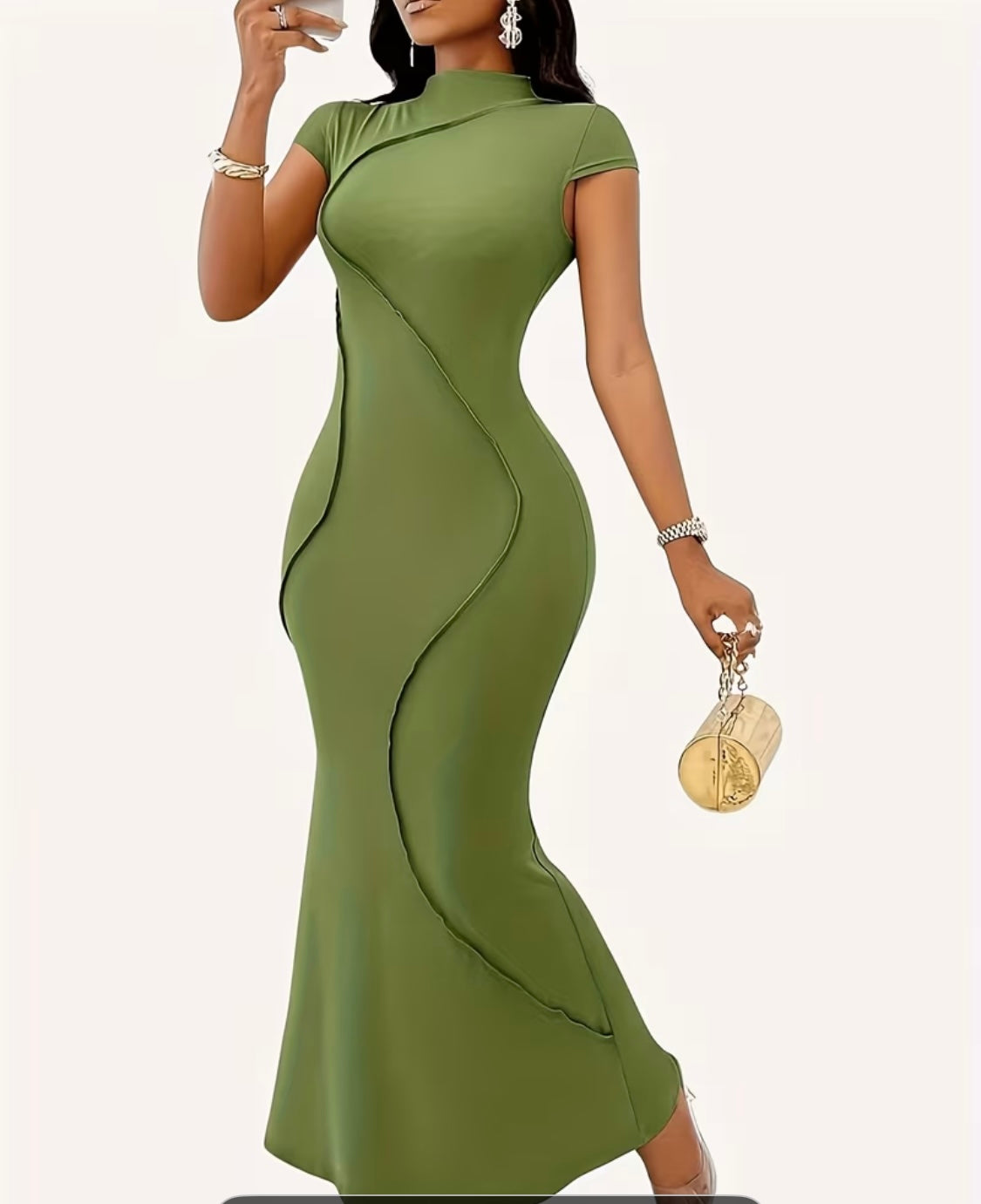 Robe élégante femme à col montant, manches courtes et jupe longue en queue de poisson pour soirée cocktail ou danse, robe décontractée et chic d'été