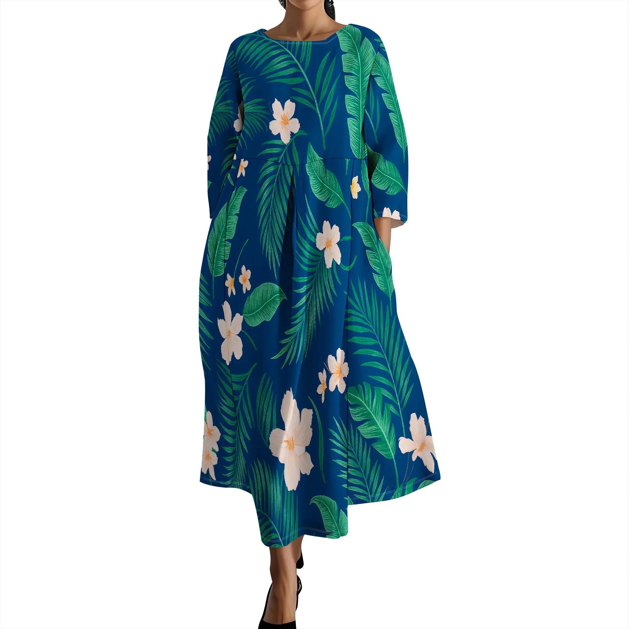 Linen Maxi Dress for Women Vintage Floral Print Plus Size Summer Casual 3/4 Sleeve Dresses with Pockets