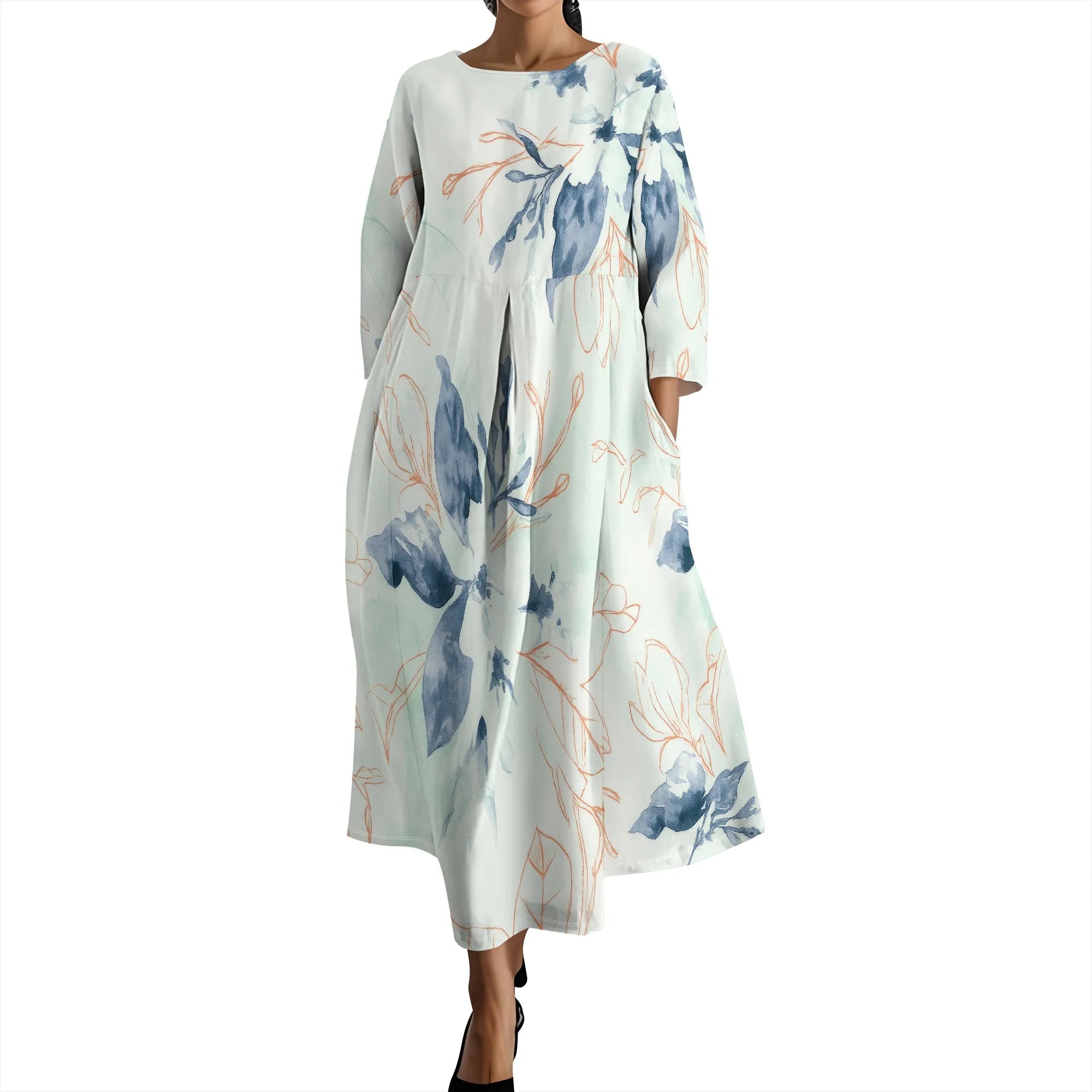 Linen Maxi Dress for Women Vintage Floral Print Plus Size Summer Casual 3/4 Sleeve Dresses with Pockets