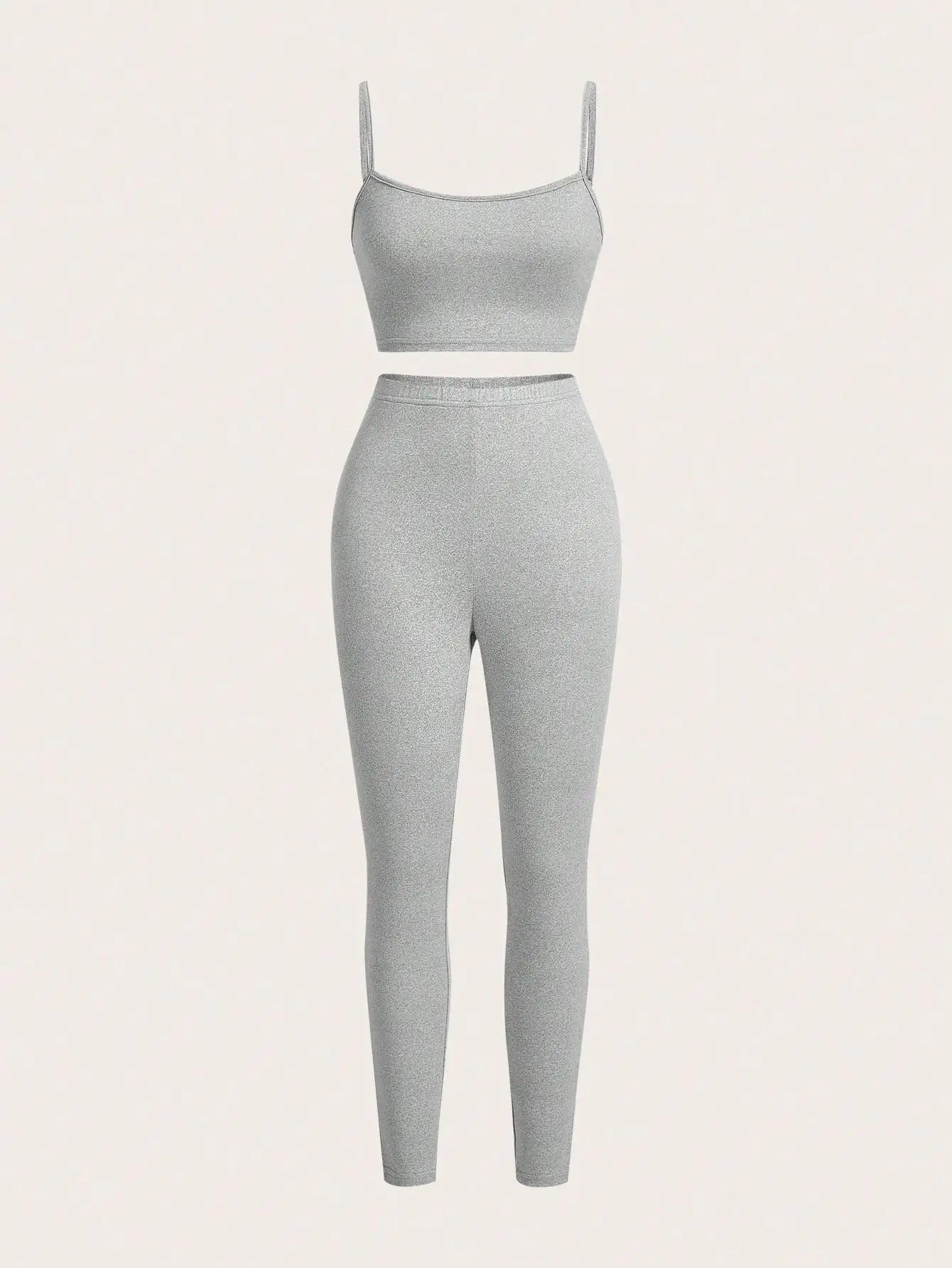 Women's Gray High-Waist Crop Top & Leggings Two-Piece Set, Casual Sporty Fit for Summer