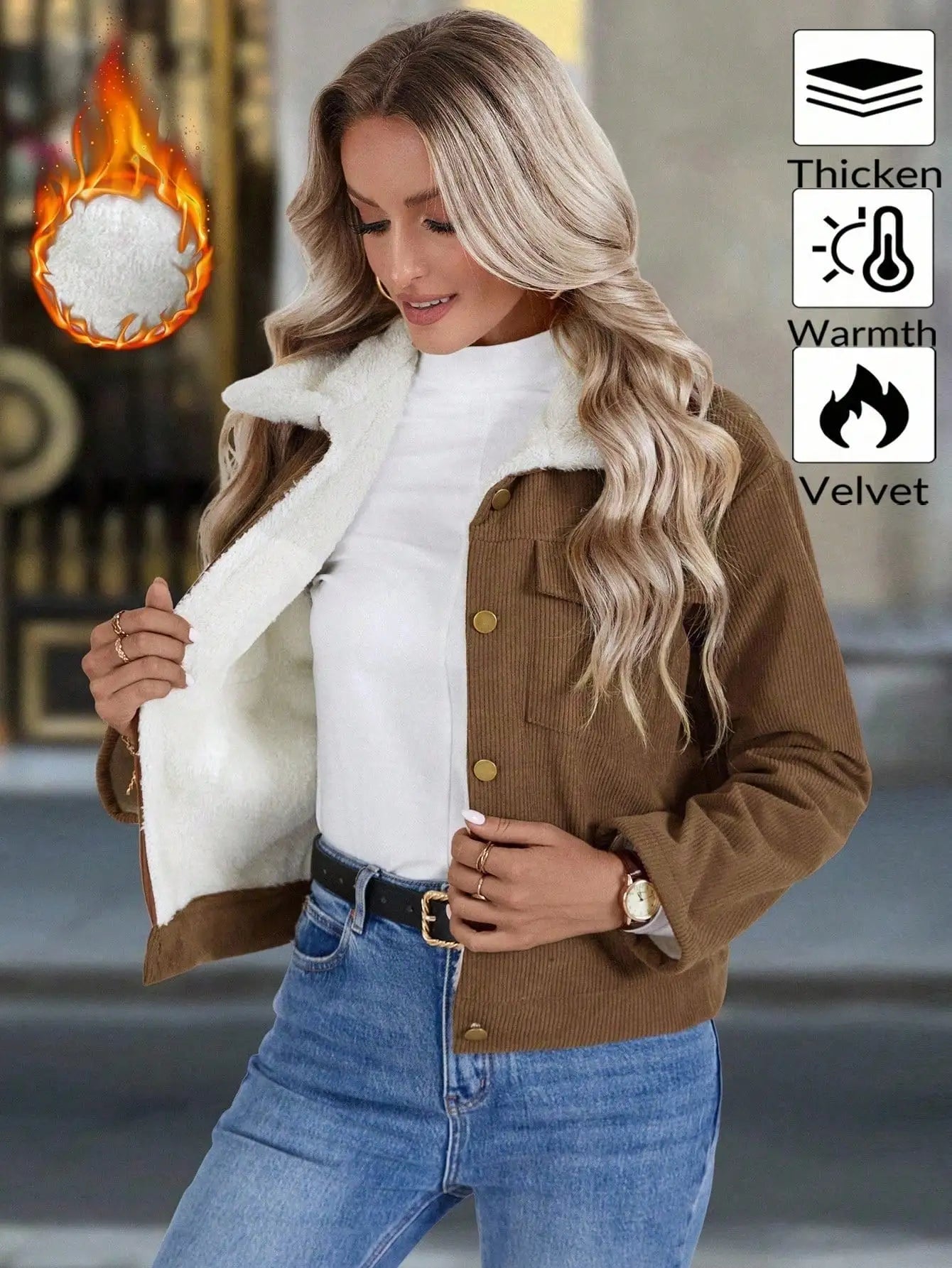 Women Casual Corduroy Lined Jacket, Autumn/Winter Fall Cloth For Women
