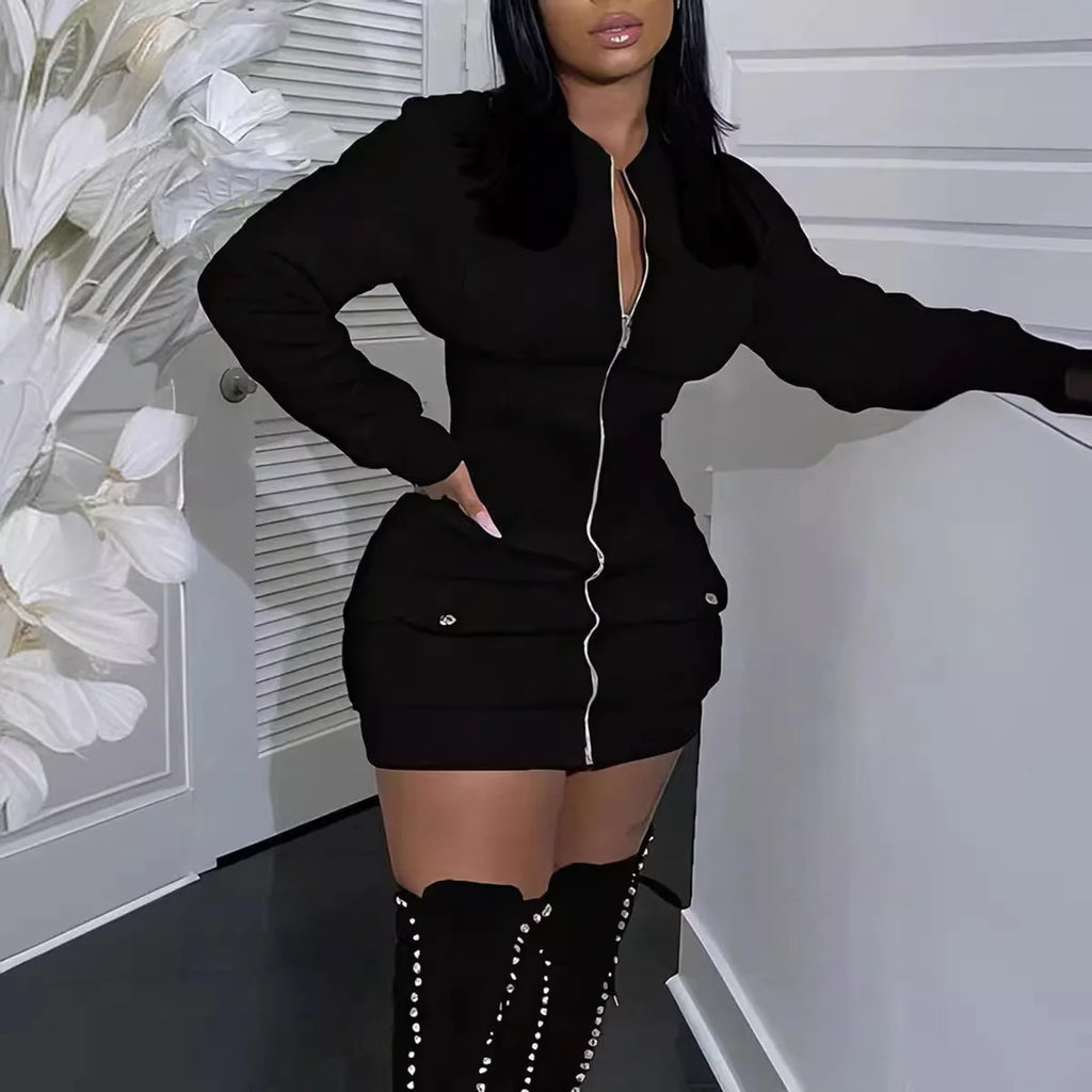 Fashion Long Sleeve Zipper Black Mini Dress Women 2026 Autumn Winter Sexy Bodycon Dresses For Women Robe Femme