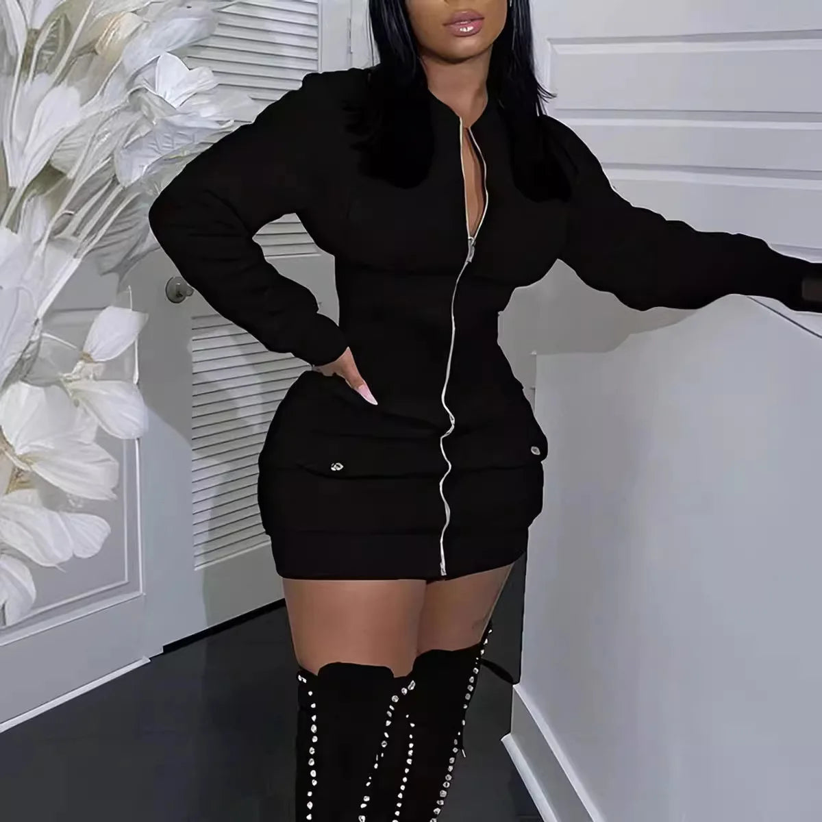 Fashion Long Sleeve Zipper Black Mini Dress Women 2026 Autumn Winter Sexy Bodycon Dresses For Women Robe Femme