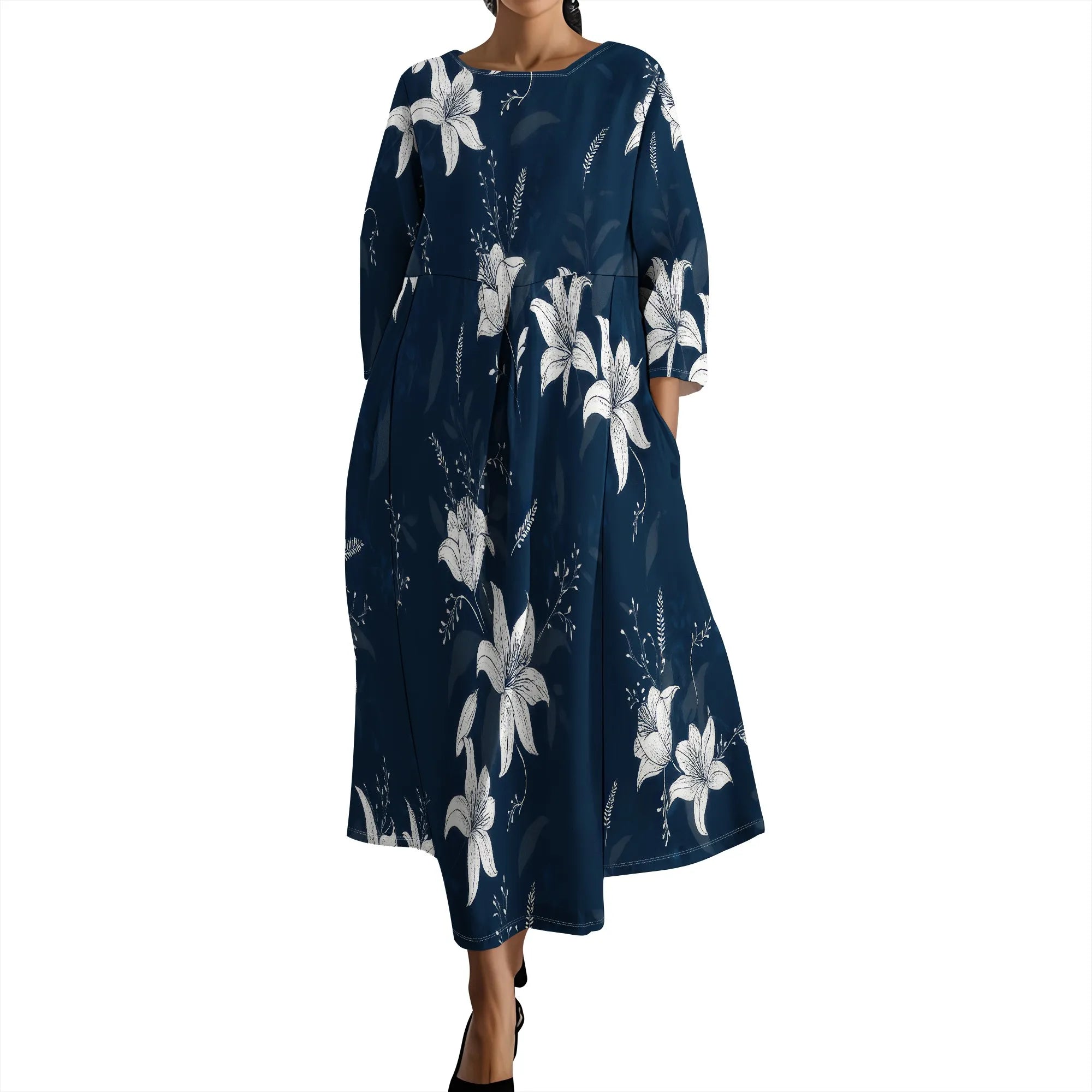 Linen Maxi Dress for Women Vintage Floral Print Plus Size Summer Casual 3/4 Sleeve Dresses with Pockets