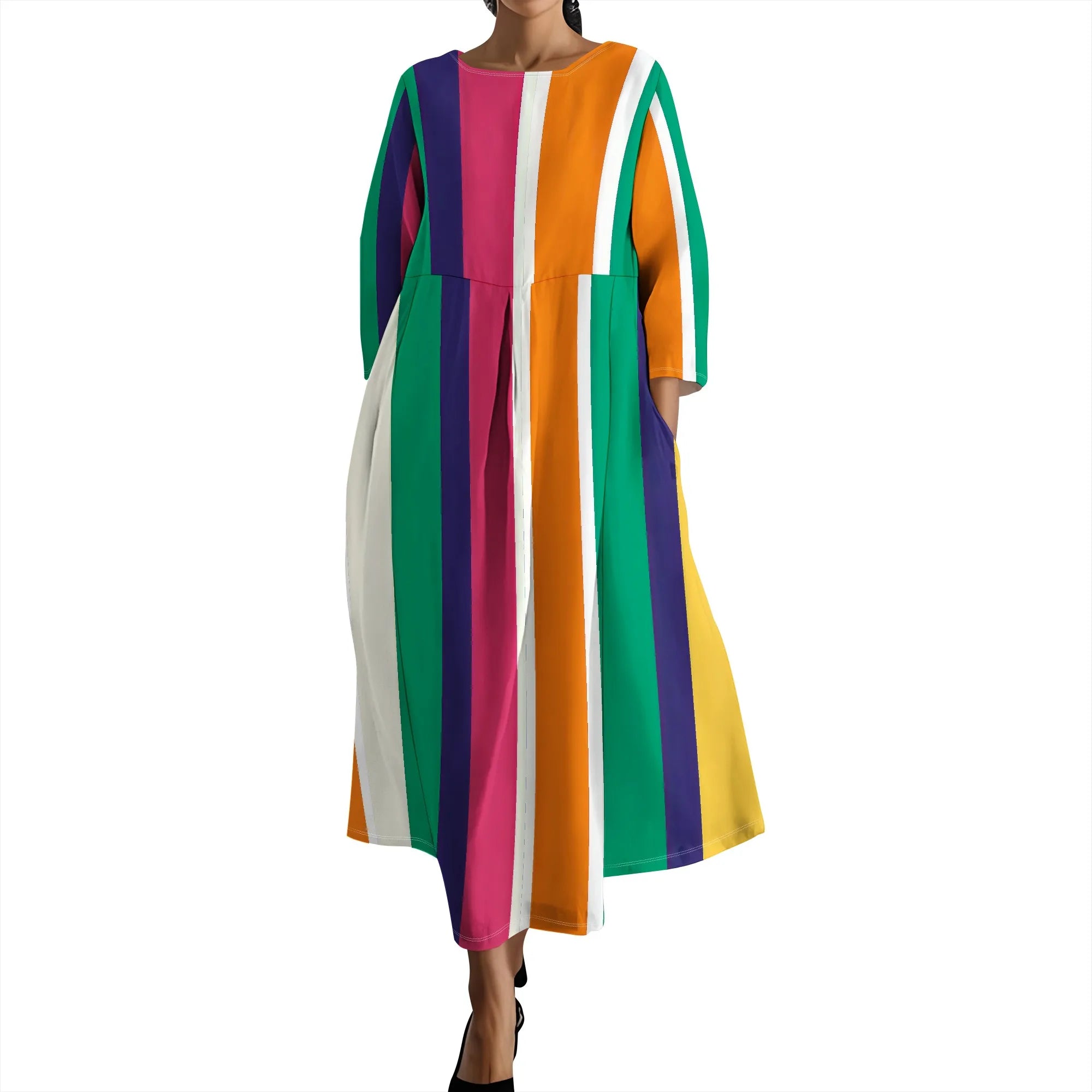 Linen Maxi Dress for Women Vintage Floral Print Plus Size Summer Casual 3/4 Sleeve Dresses with Pockets