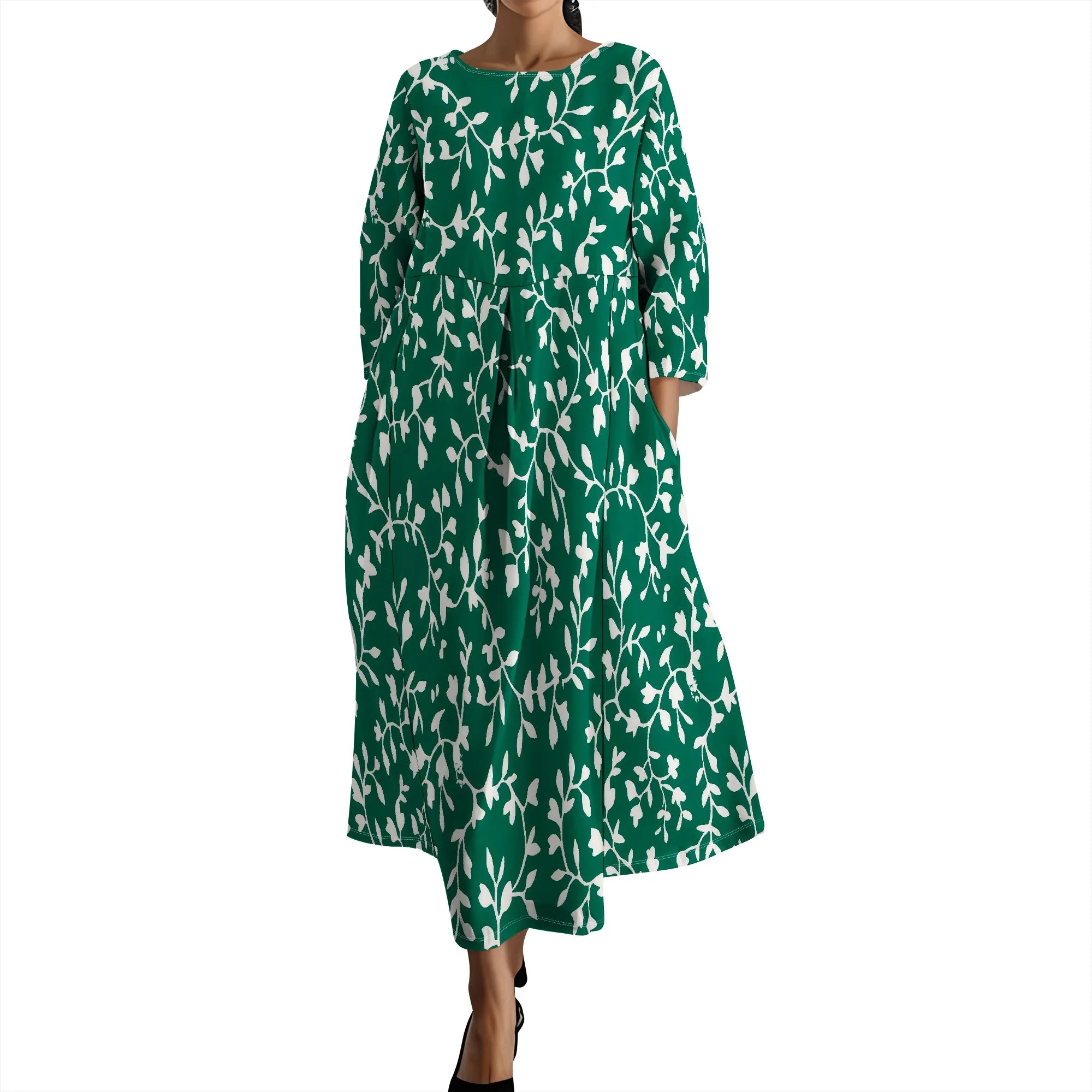 Linen Maxi Dress for Women Vintage Floral Print Plus Size Summer Casual 3/4 Sleeve Dresses with Pockets