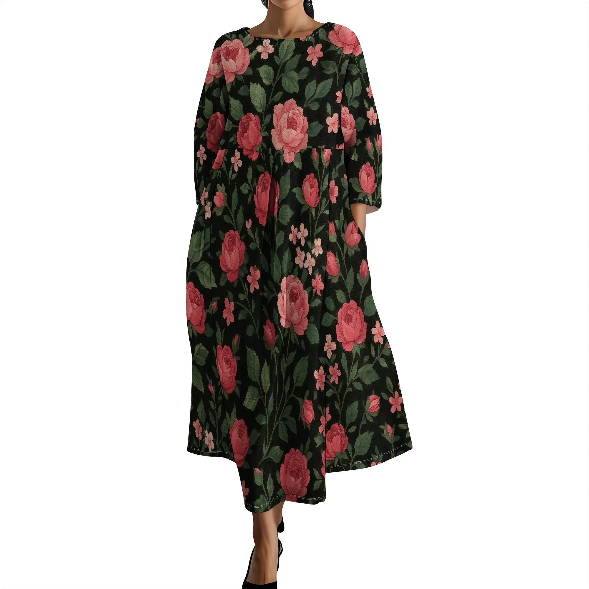 Linen Maxi Dress for Women Vintage Floral Print Plus Size Summer Casual 3/4 Sleeve Dresses with Pockets