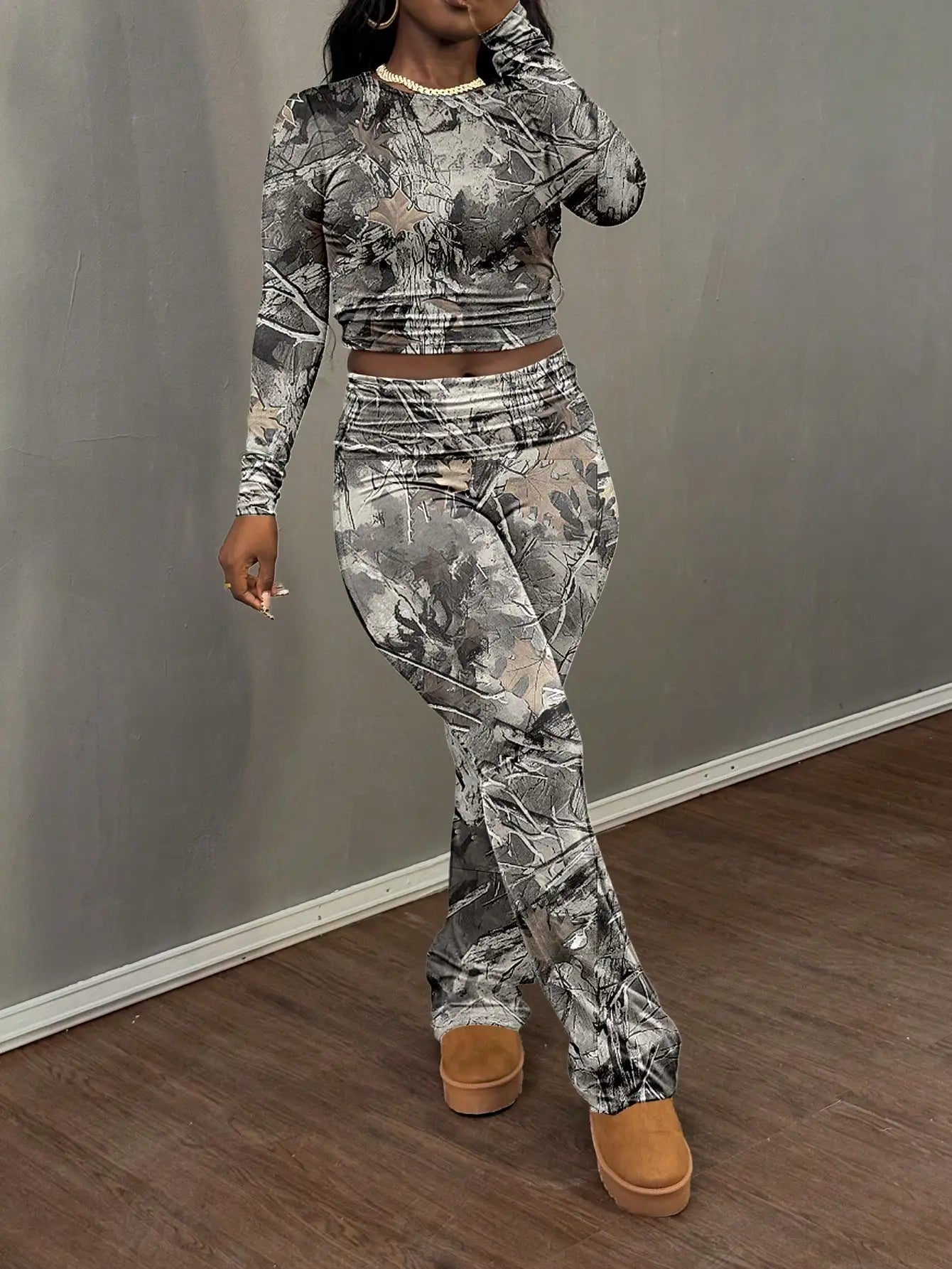 Women Clean Girl Round Neck Long Sleeve T-Shirt & Pants Casual Set, Spring