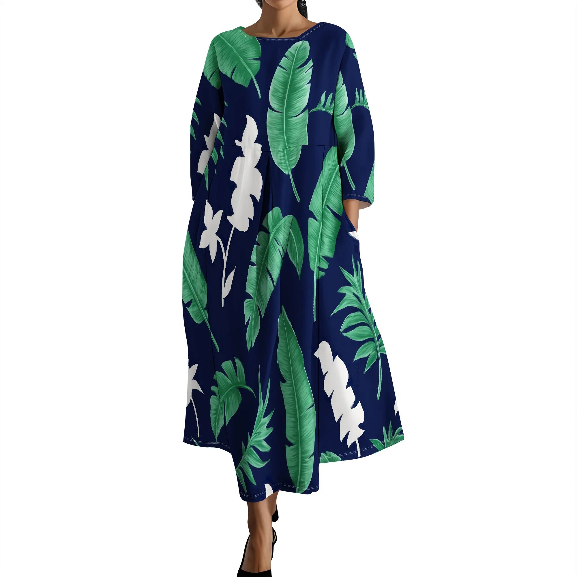 Linen Maxi Dress for Women Vintage Floral Print Plus Size Summer Casual 3/4 Sleeve Dresses with Pockets