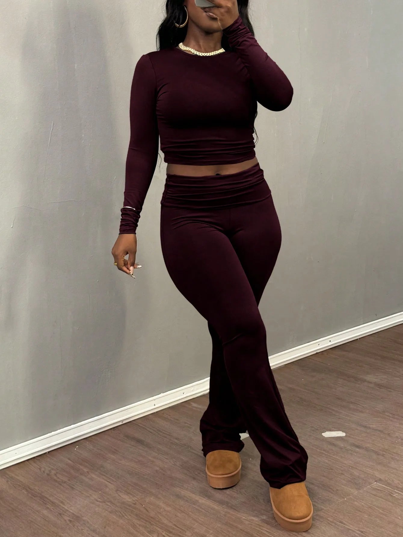 Women Clean Girl Round Neck Long Sleeve T-Shirt & Pants Casual Set, Spring